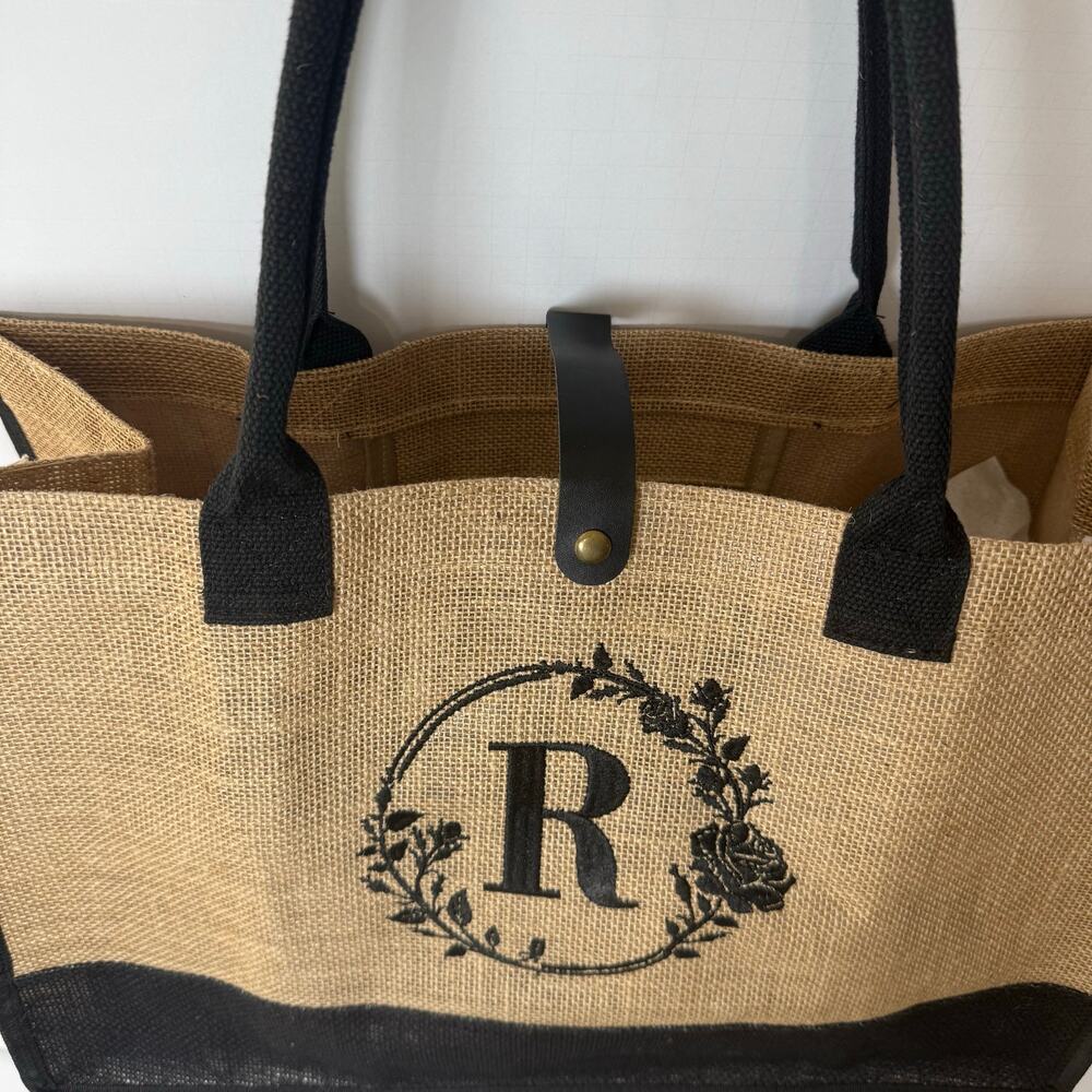 Monogram Jute Tote Letter R Eco-Friendly Market Bag NEW - Picture 2 of 5